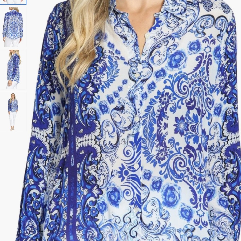 APNY Damask Print Roll Tab Sleeve Button-Up Shirt, sise XS - Picture 2 of 15